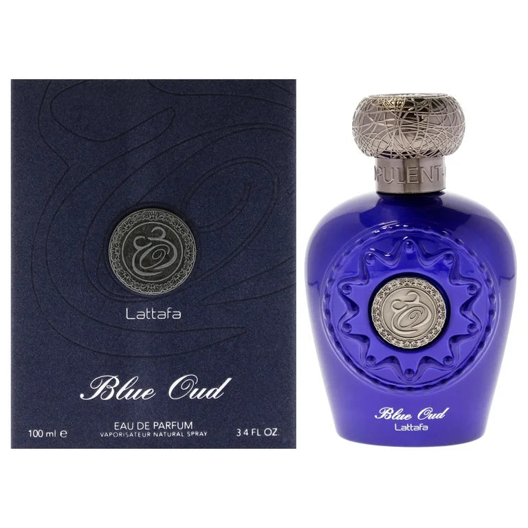 Lattafa Blue Oud Eau De Parfum Spray 3.4 oz - Opulent Oudh Perfume with Citrus Floral & Saffron Notes
